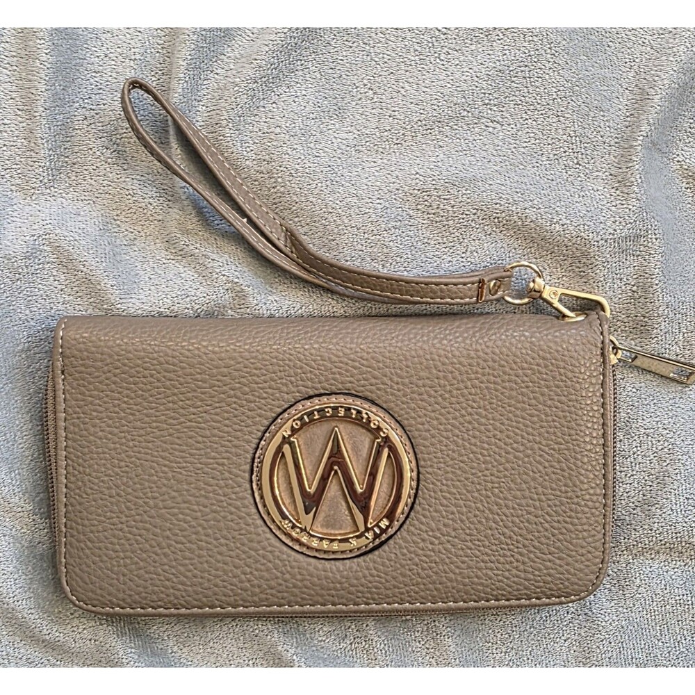 Mia K Farrow Taupe Zip Around Wallet Wristlet Gold Logo Pebbled Beige